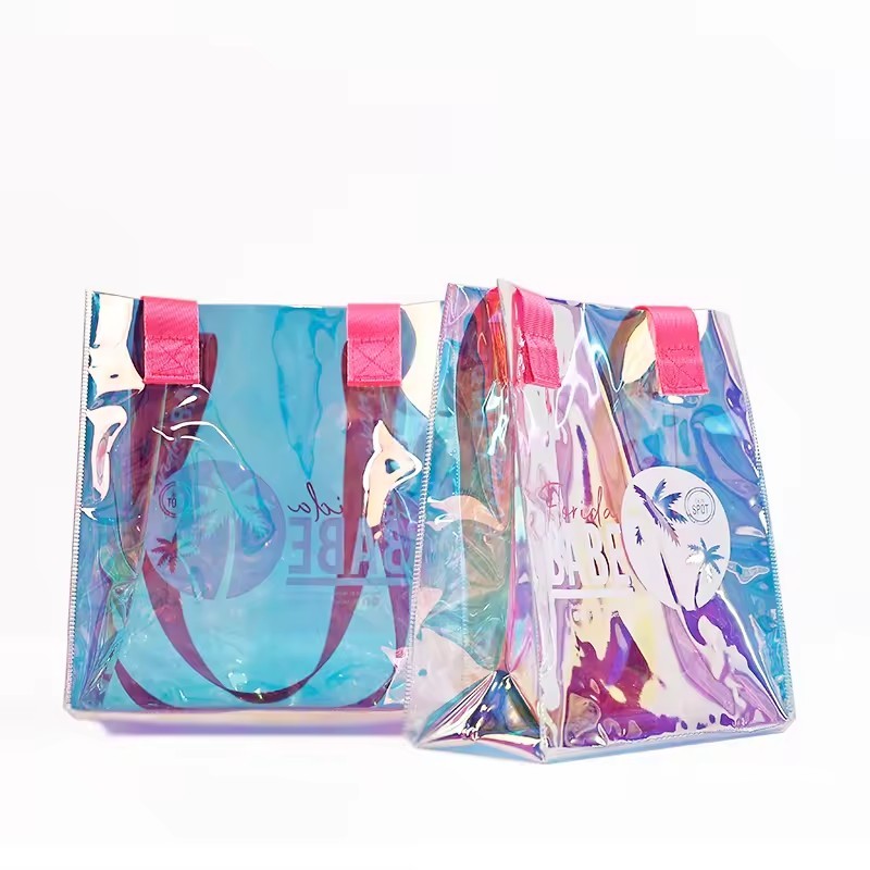 Luxury PVC Hologram Gift Bags Custom printing PVC Laser Portable Holographic vinyl Tote Shopping Bag