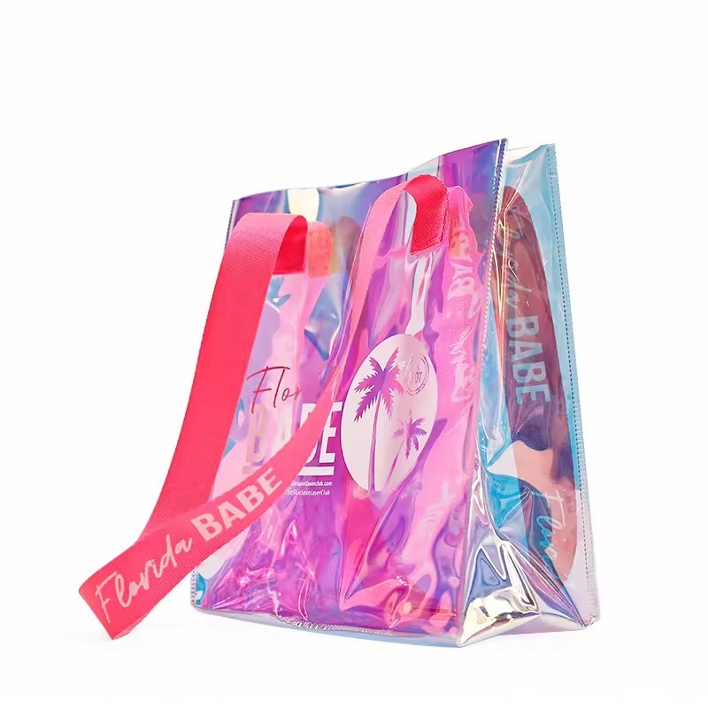 Luxury PVC Hologram Gift Bags Custom printing PVC Laser Portable Holographic vinyl Tote Shopping Bag
