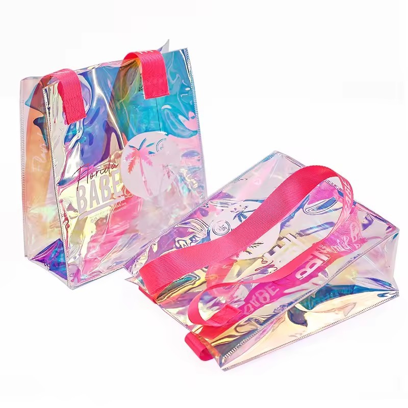 Luxury PVC Hologram Gift Bags Custom printing PVC Laser Portable Holographic vinyl Tote Shopping Bag
