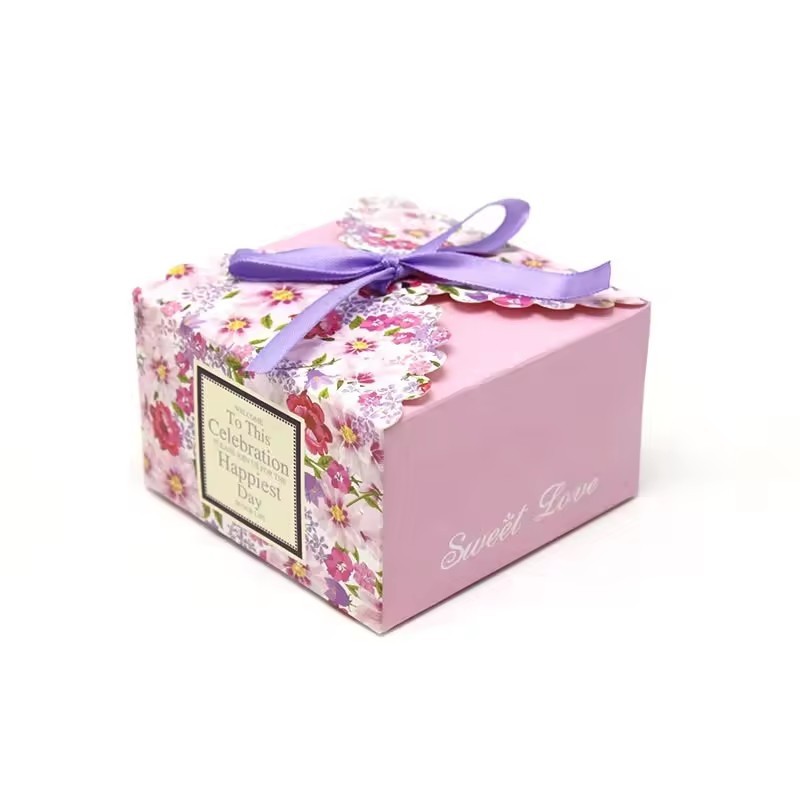 cheaper custom size design printing wedding sweet candy paper box with ribbon