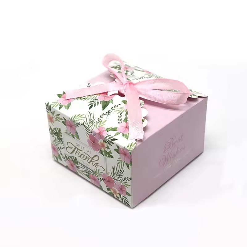 cheaper custom size design printing wedding sweet candy paper box with ribbon